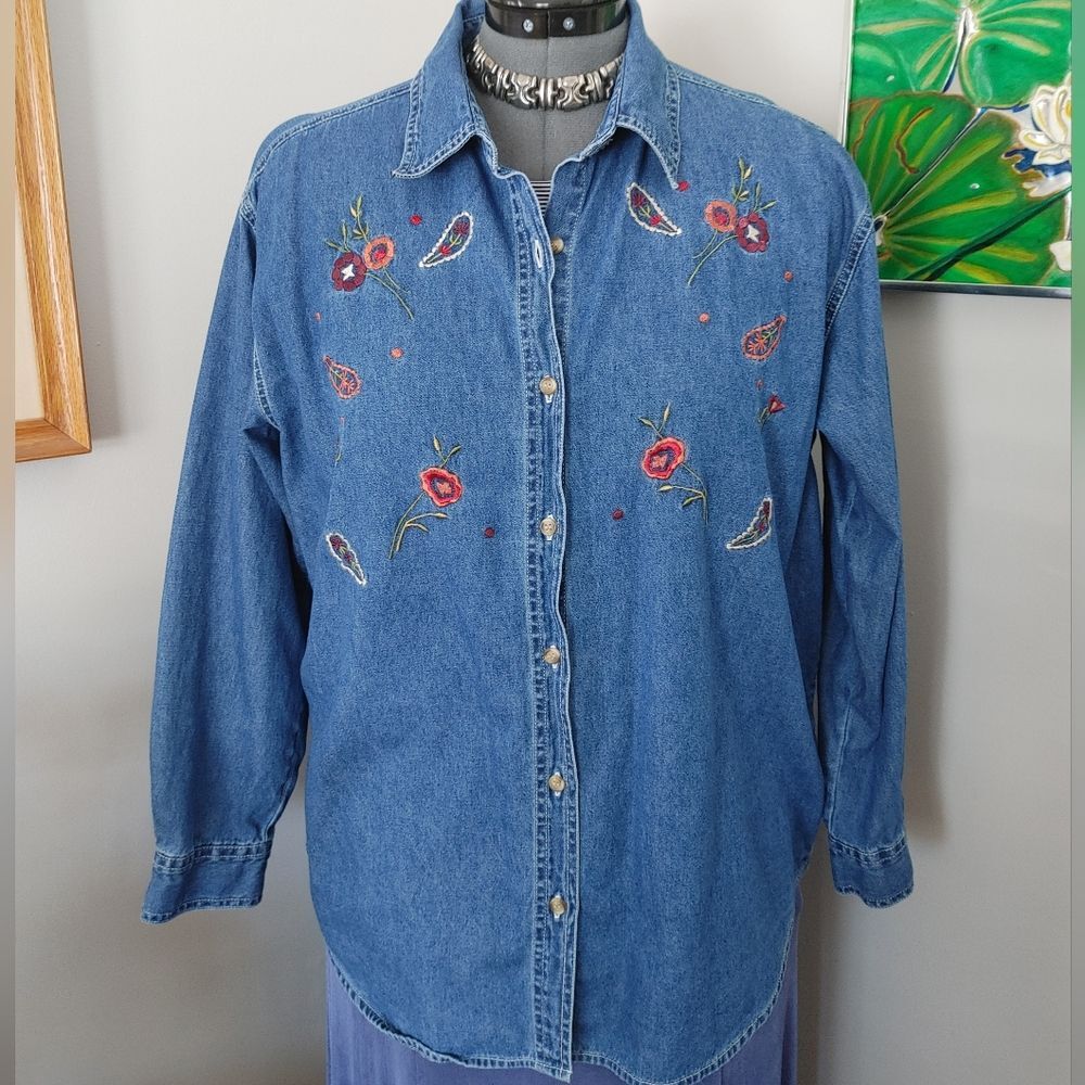 Embroidered Denim Button-Up Shirt US L (275) Cowgirl Country